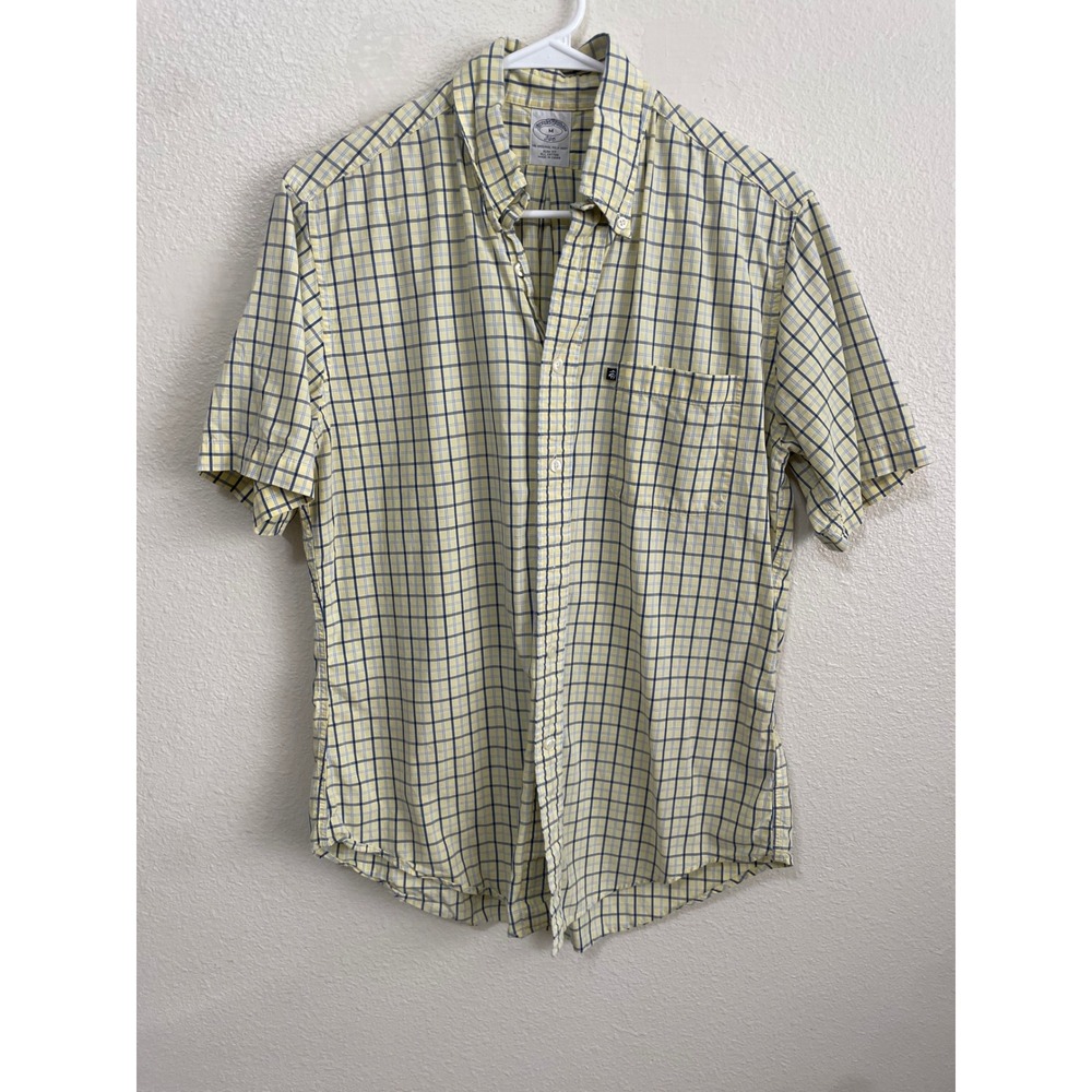 Brooks Brothers 346 Button Down Mens M Yellow Blue Slim Fit Check Short Sleeve